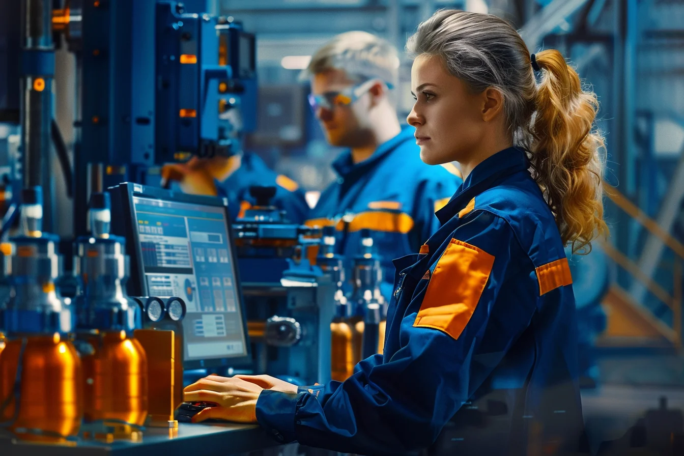 Pracownica przy terminalu komputerowym w hali produkcyjnej, za nią dwóch współpracowników przy maszynach